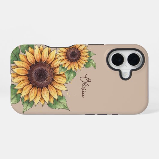 Custom Name Watercolor Sunflower Rustic iPhone 16ケース (裏面横)