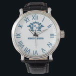 Custom Name Wedding Vintage Floral Monogram  腕時計<br><div class="desc">Vintage Floral Monogram White Background Navy Letters Elevate your style with this Vintage Floral Monogram Watch, featuring elegant navy letters on a crisp white background. This timeless timepiece blends classic charm with modern sophistication, making it a perfect personalized gift for couples, weddings, anniversaries, and special occasions. Designed with delicate floral...</div>