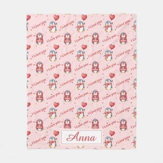 Custom Name Whimsical Penguin Kids Fleece Blanket フリースブランケット