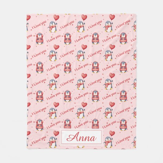 Custom Name Whimsical Penguin Kids Fleece Blanket フリースブランケット (正面)