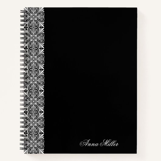 Custom Name White Vector Pattern Black Notebook ノートブック (正面)