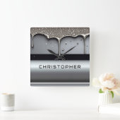 Custom Name With Dripping Liquid Metal スクエア壁時計 (ホーム)