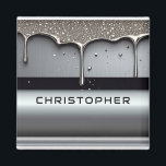 Custom Name With Dripping Liquid Metal マグネット<br><div class="desc">Polished chrome nameplate reading NAME with dripping liquid metal and strong reflective highlights. Embossed 3D typography on a sleek dark background evokes luxury, modern branding, industrial design and custom identity.</div>