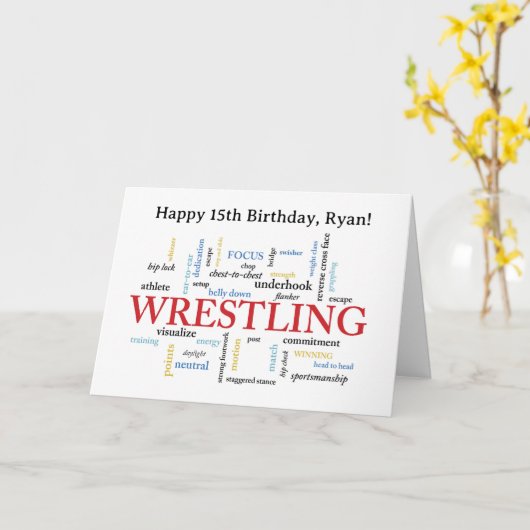 Custom Name Wrestling Birthday Word Cloud カード (黄色い花)