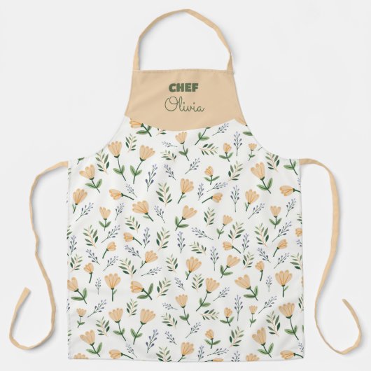 Custom Name Yellow Floral エプロン (正面)