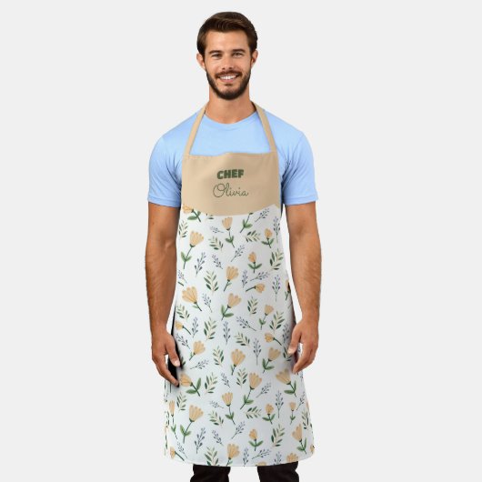 Custom Name Yellow Floral エプロン (着用した状態)
