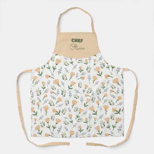 Custom Name Yellow Floral エプロン (正面)