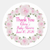 Custom Names, Date, Soft Pink Roses Wreath Sticker ラウンドシール (正面)