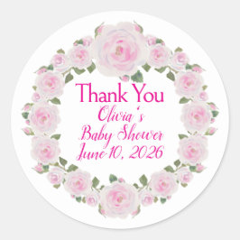 Custom Names, Date, Soft Pink Roses Wreath Sticker ラウンドシール