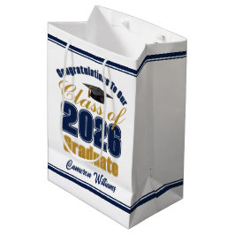 Custom Navy Blue Gold Class of 2026 Graduation ミディアムペーパーバッグ