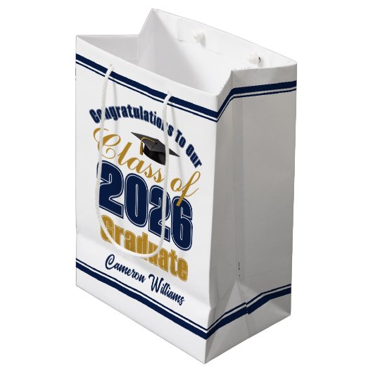 Custom Navy Blue Gold Class of 2026 Graduation ミディアムペーパーバッグ (正面アングル)