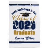 Custom Navy Blue Gold Class of 2026 Graduation ミディアムペーパーバッグ (正面)