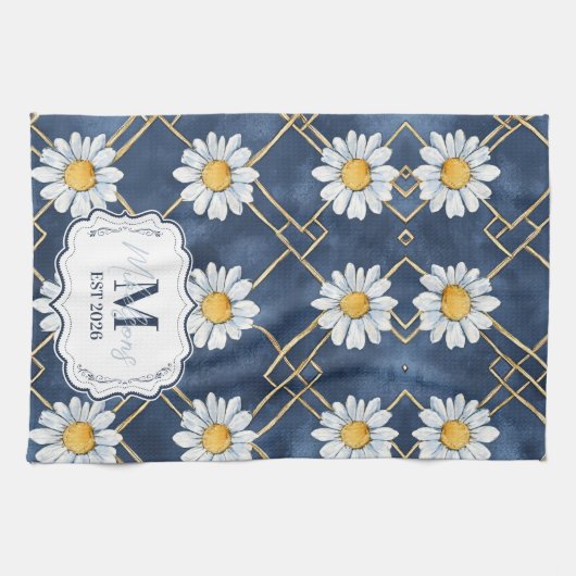 Custom Navy Daisy Gingham Monogram Decor キッチンタオル (横)