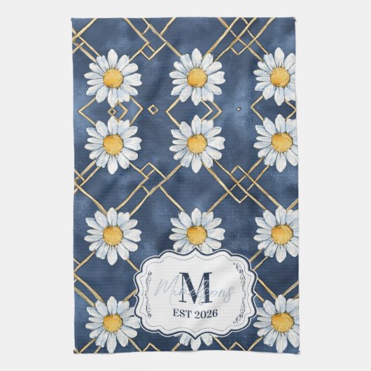 Custom Navy Daisy Gingham Monogram Decor キッチンタオル (縦)