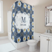 Custom Navy Daisy Gingham Monogram Decor シャワーカーテン (インサイチュ)