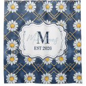 Custom Navy Daisy Gingham Monogram Decor シャワーカーテン (正面)
