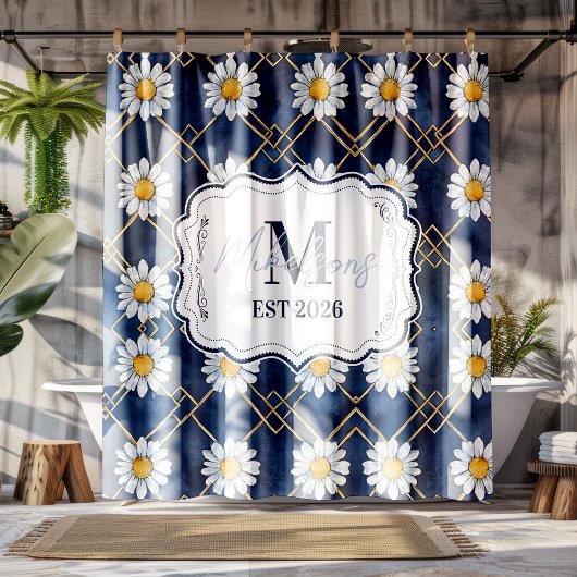 Custom Navy Daisy Gingham Monogram Decor シャワーカーテン