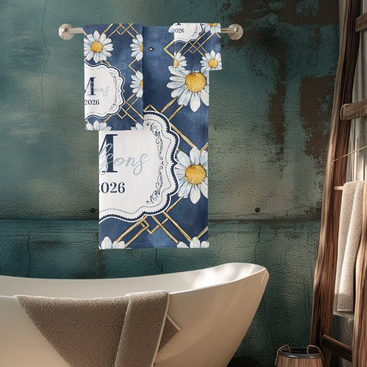 Custom Navy Daisy Gingham Monogram Decor バスタオルセット