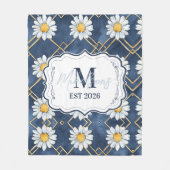 Custom Navy Daisy Gingham Monogram Decor フリースブランケット (正面)