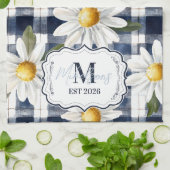 Custom Navy Gingham Daisy Monogram キッチンタオル (折り畳み)