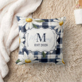 Custom Navy Gingham Daisy Monogram クッション (ブランケット)