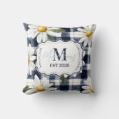 Custom Navy Gingham Daisy Monogram クッション (正面)