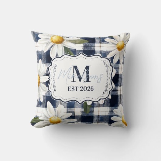 Custom Navy Gingham Daisy Monogram クッション (正面)