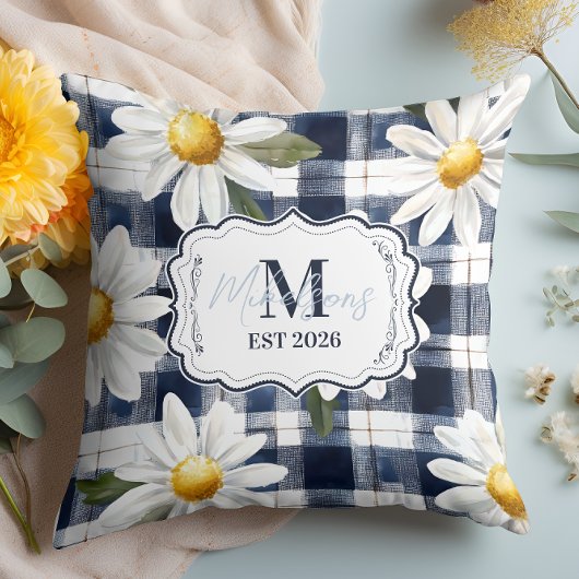 Custom Navy Gingham Daisy Monogram クッション