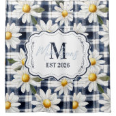 Custom Navy Gingham Daisy Monogram シャワーカーテン (正面)