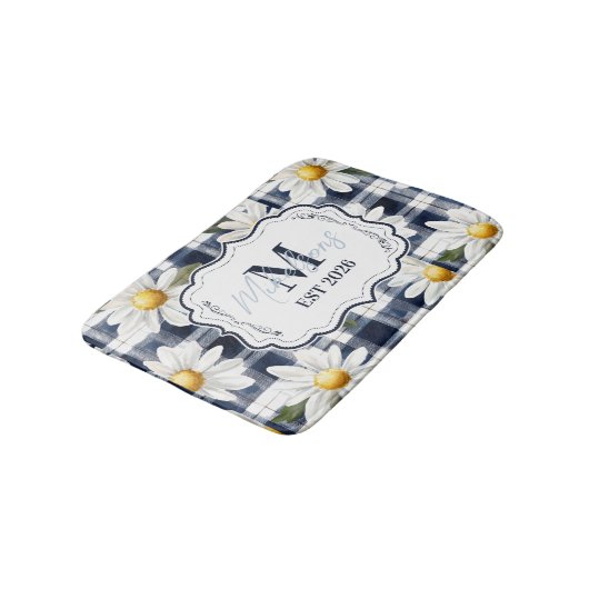 Custom Navy Gingham Daisy Monogram バスマット (アングル)
