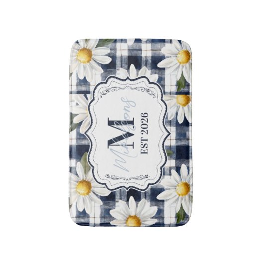 Custom Navy Gingham Daisy Monogram バスマット (正面縦)