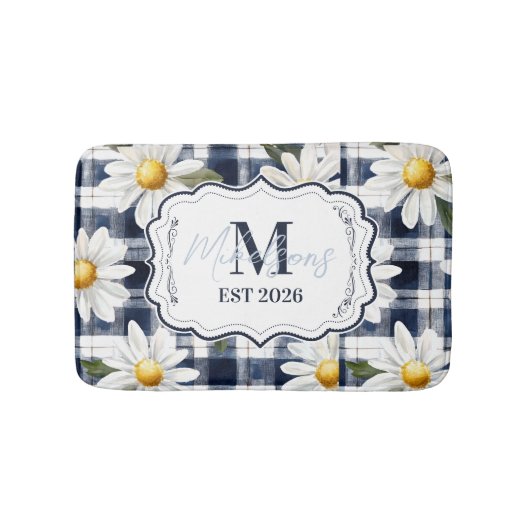 Custom Navy Gingham Daisy Monogram バスマット (正面)