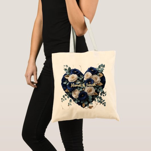 Custom Navy Gold Floral Monogram Budget Tote Bag トートバッグ (正面(商品))