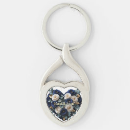 Custom Navy Gold Floral Monogram Heart Keychain キーホルダー