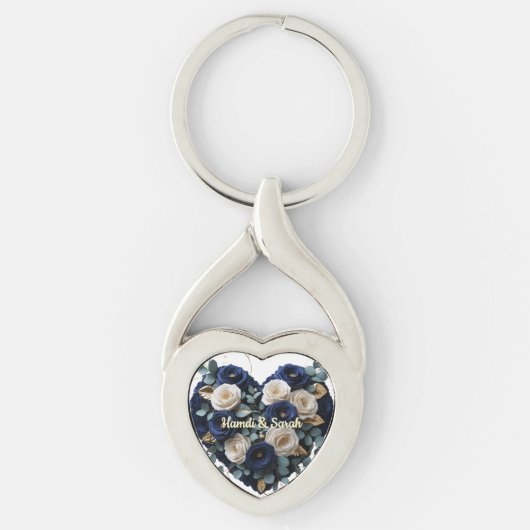 Custom Navy Gold Floral Monogram Heart Keychain キーホルダー (正面)