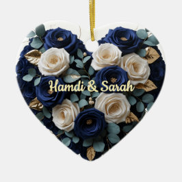 Custom Navy Gold Floral Monogram Heart Ornament セラミックオーナメント