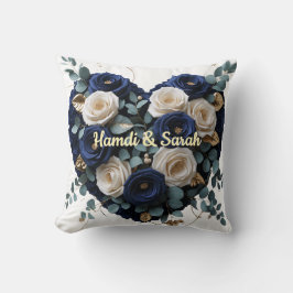 Custom Navy Gold Floral Monogram Heart Pillow クッション