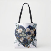 Custom Navy Gold Floral Monogram Heart Tote Bag トートバッグ (正面)