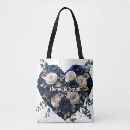 Custom Navy Gold Floral Monogram Heart Tote Bag トートバッグ