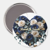 Custom Navy Gold Floral Monogram Round Magnet マグネット (正面/裏面)