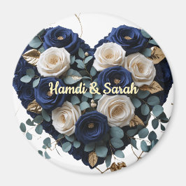 Custom Navy Gold Floral Monogram Round Magnet マグネット