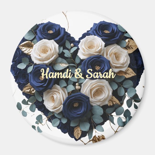 Custom Navy Gold Floral Monogram Round Magnet マグネット (正面)