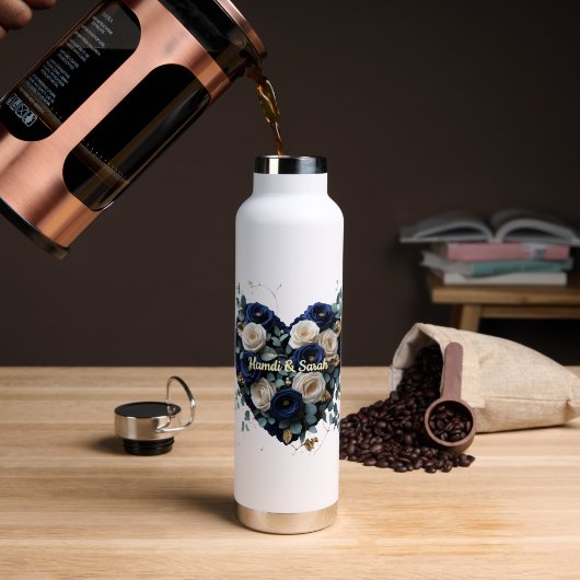 Custom Navy Gold Floral Monogram Water Bottle ウォーターボトル (コーヒー (回転後))