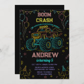 Custom neon Bash Monster Truck Birthday Party  招待状 (正面/裏面)
