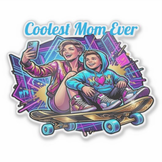 Custom Neon Coolest Mom & Son Synthwave Sticker シール (正面)