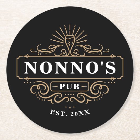 Custom Nonno's Pub Home Bar Year Established ラウンドペーパーコースター (正面)