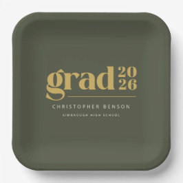 Custom Olive Green Gold Grad 2026 Graduation ペーパープレート