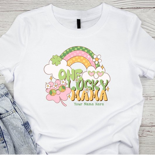 Custom One Lucky Mama Retro Groovy Rainbow Tシャツ