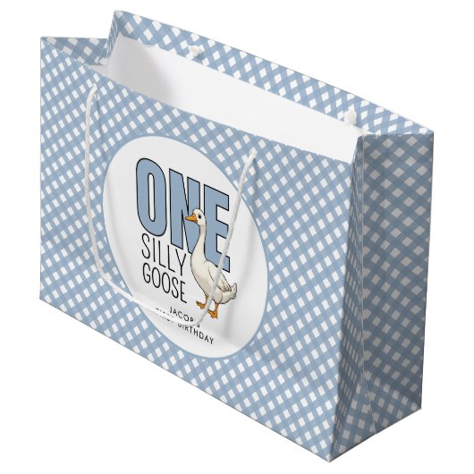Custom One Silly Goose 1st Birthday Plaid Pattern ラージペーパーバッグ (正面アングル)