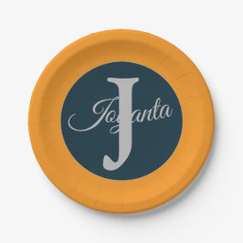 Custom  orange greay blue Monogram Elegant ペーパープレート